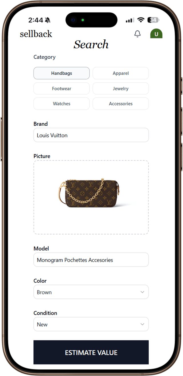 Phone screen showing item entry interface with search and photo options